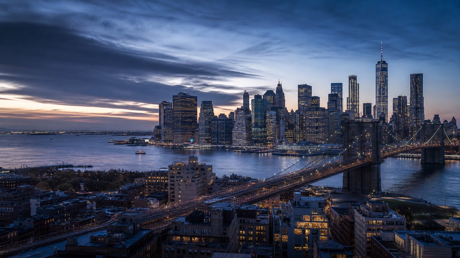 Panoramic New York City skyline with the Brooklyn Bridge